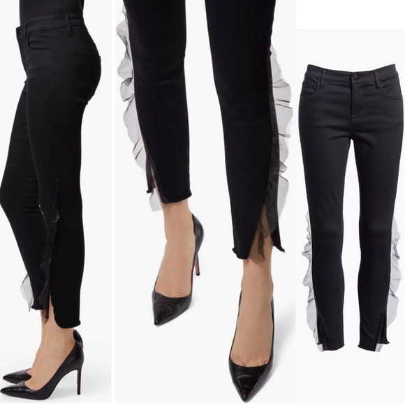 J BRAND MID RISE CROP SKINNY BLACK ORGANZA TRIM FRAYED HEM ANKLE SKINNY JEANS - Picture 2 of 15